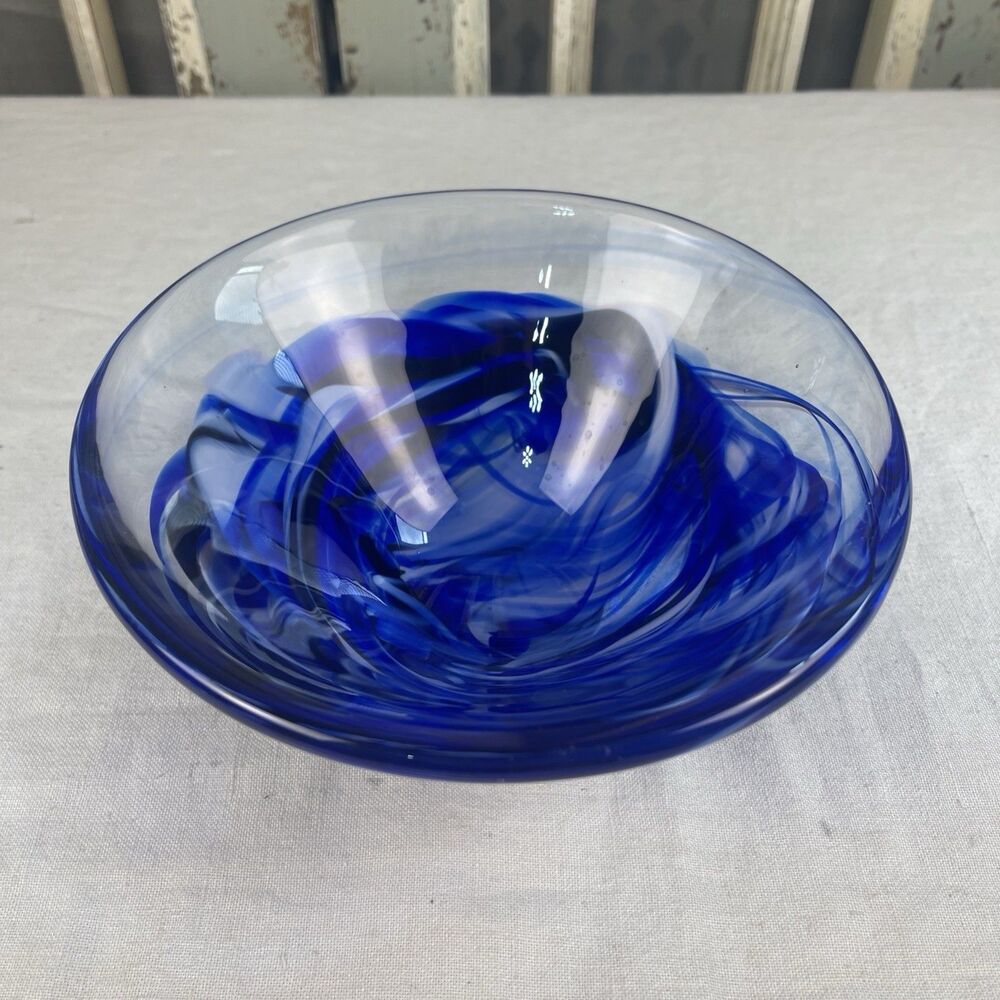 Kosta Boda Swedish Art Glass Bowl Cobalt Blue Swirl Signed Modern Scandinavian - Picture 5 of 8